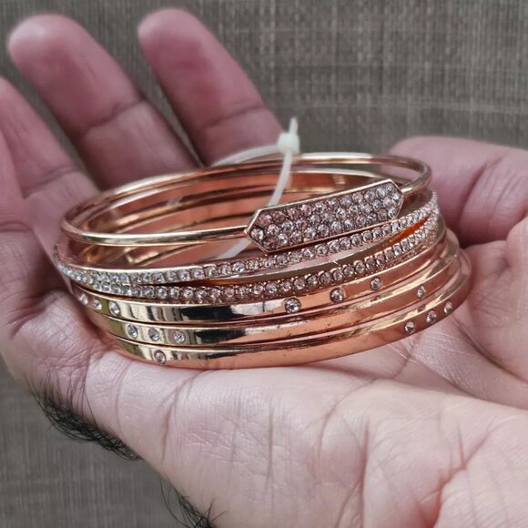 Bangles Bracelet Set of 5 Gold Tone Fashion Jewelry Crystals Accent Wrist Band - Picture 5 of 10